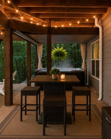 Covered deck with wooden beams, string lights, hot tub, bar seating, and forest views at dusk
